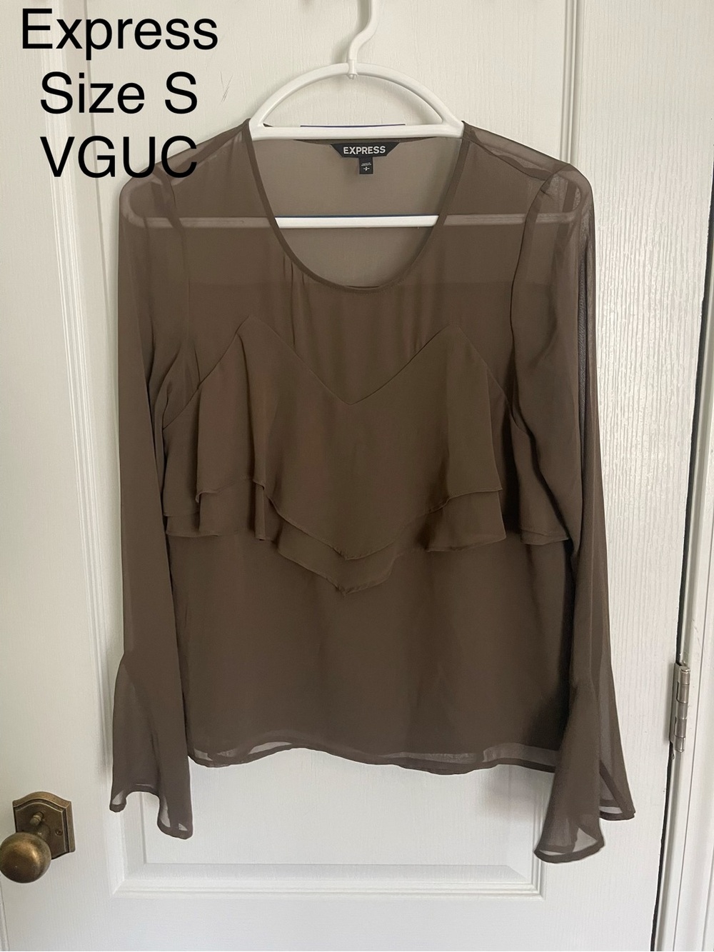 Express Brown Sheer Ruffle Long-Sleeve Blouse